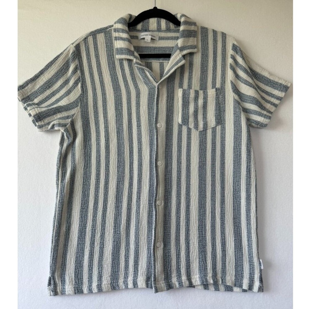 Vintage Summer Short Sleeve Button‑Down – White/Blue Stripes – Size Large